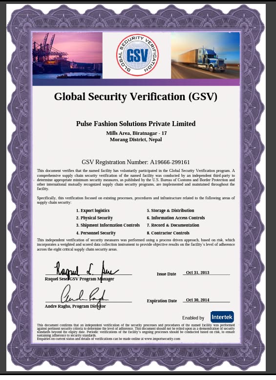Pulse Fashion Solutions Pvt. Ltd. Global Security Verification (GSV) certificate issued by Intertek